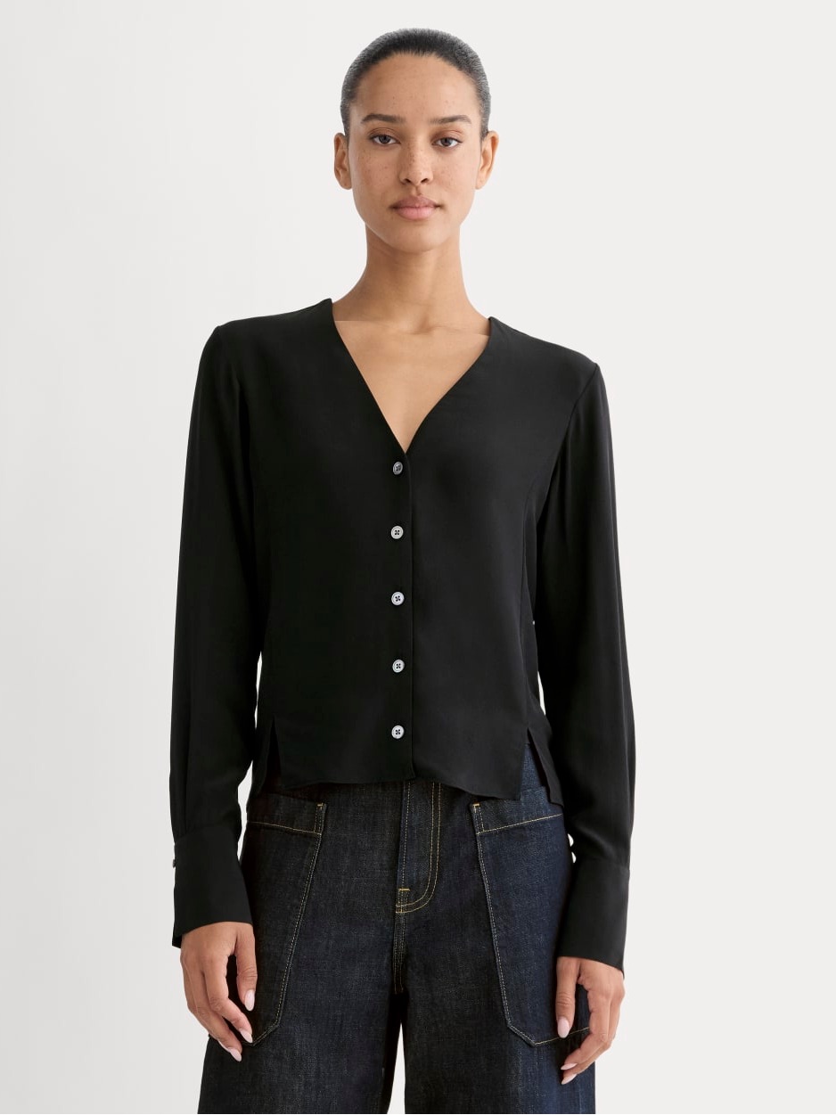 Everlane The V-Neck Blouse In Washable Silk Black Size 4 Nwt